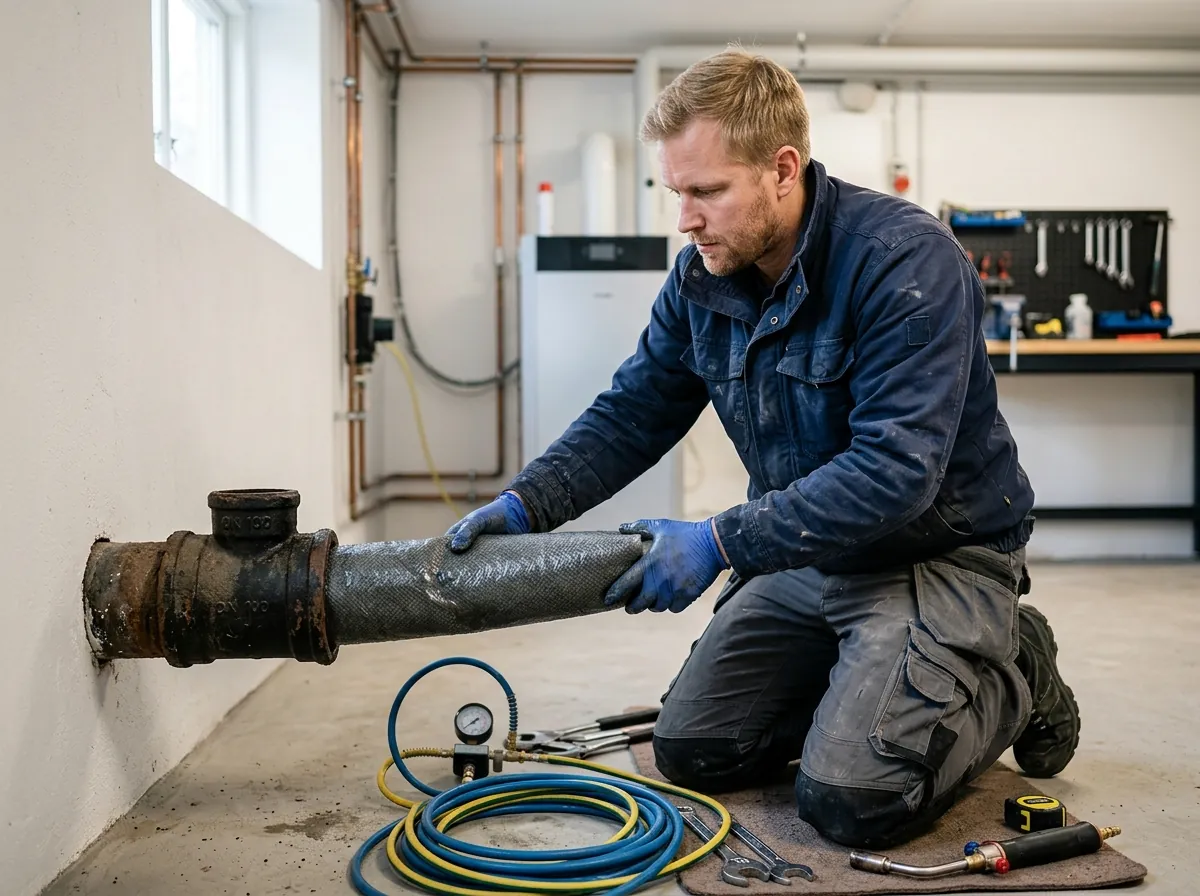 Tekniker arbetar vid ett öppet avloppsrör