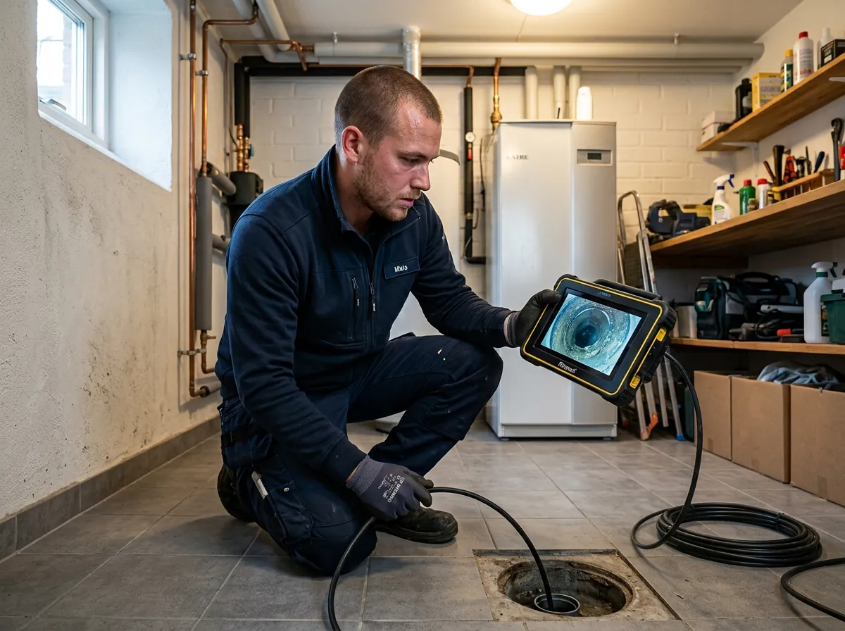 Tekniker undersöker ett avlopp med kamera och bildskärm