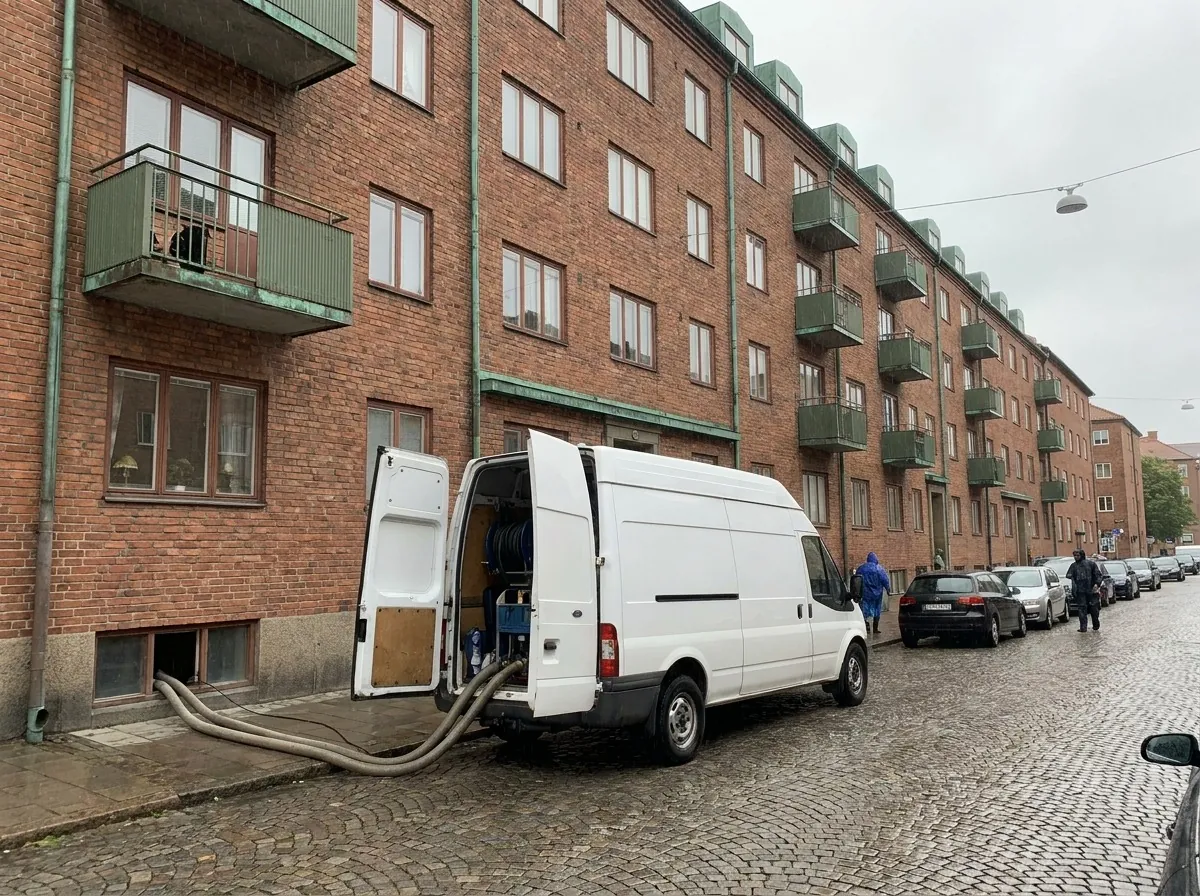 Servicebil vid ett flerbostadshus
